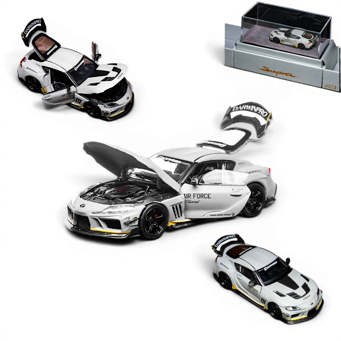 Lot57Supplies Diecast Shop 1:64 scale white Toyota Supra widebody model with opening parts and AIR FORCE livery.