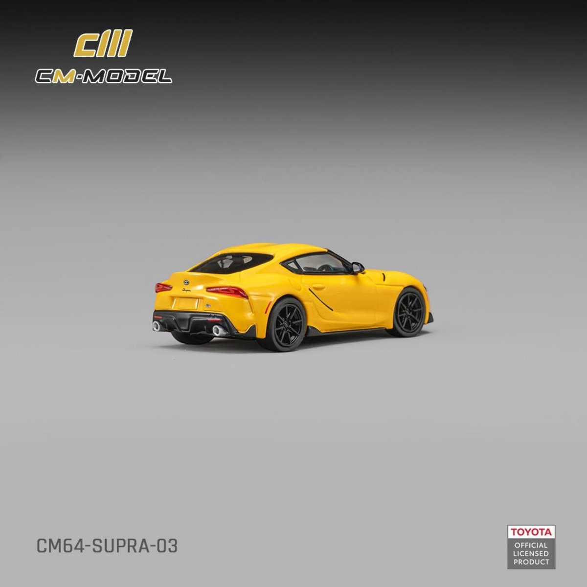 Lot57Supplies Diecast Shop CM Model 1:64 scale Toyota GR Supra in Nitro Yellow, rear three-quarter view