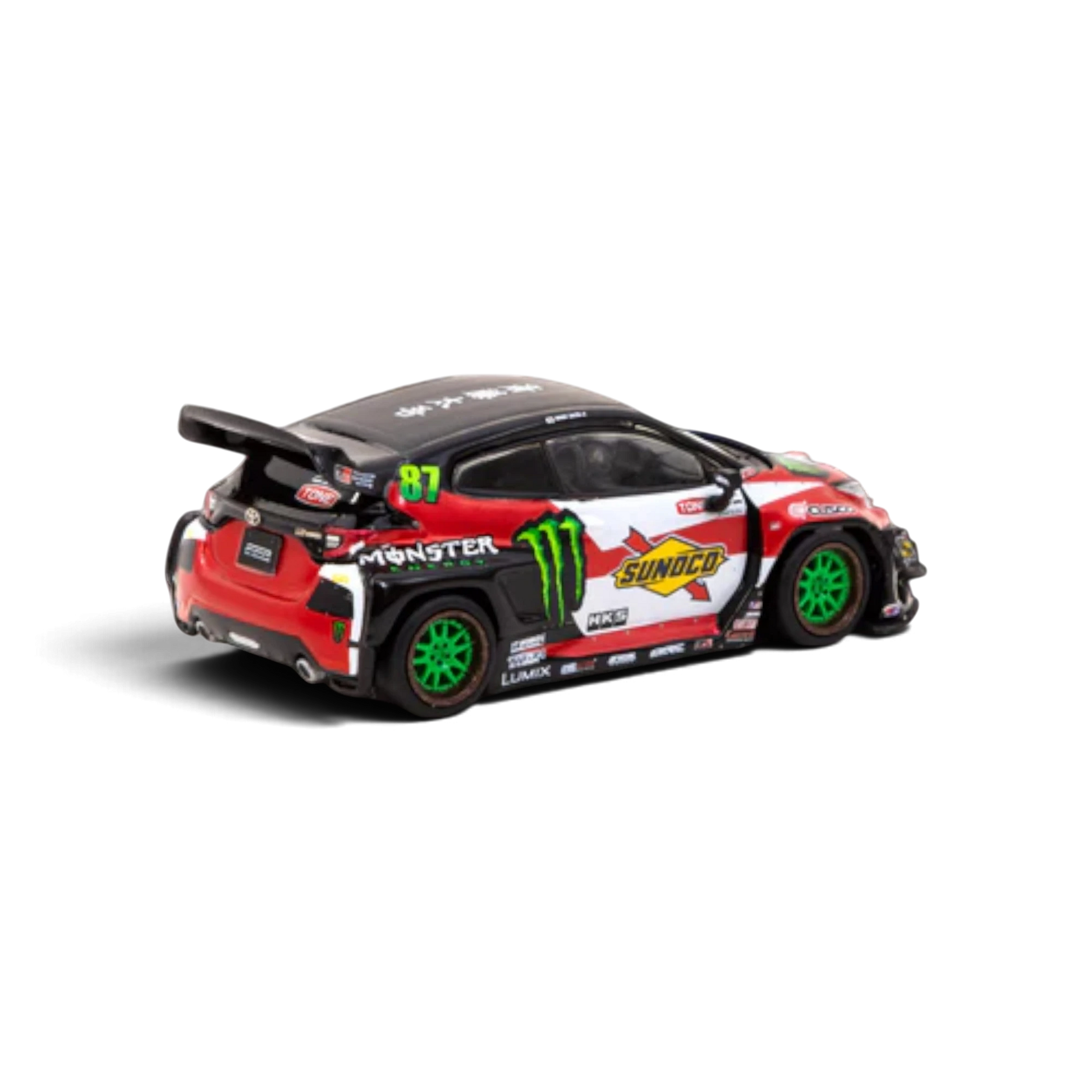 Lot57Supplies Diecast Shop 1:64 scale Toyota Yaris GR diecast drift car with Monster Energy livery and green wheels