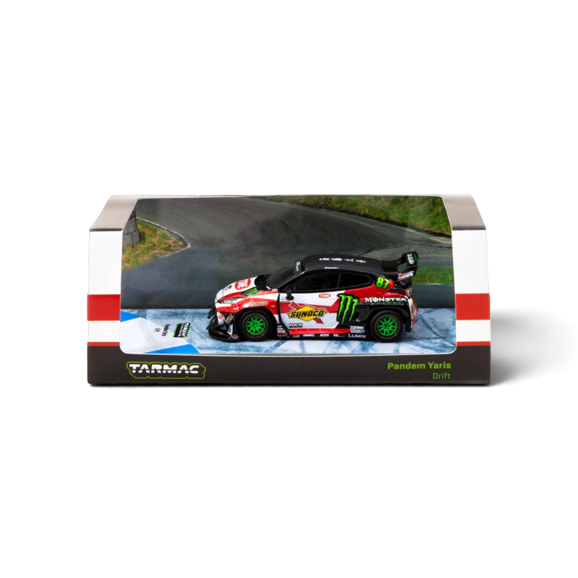 Lot57Supplies Diecast Shop Tarmac Works 1:64 scale Toyota Yaris GR Monster drift car in acrylic display box