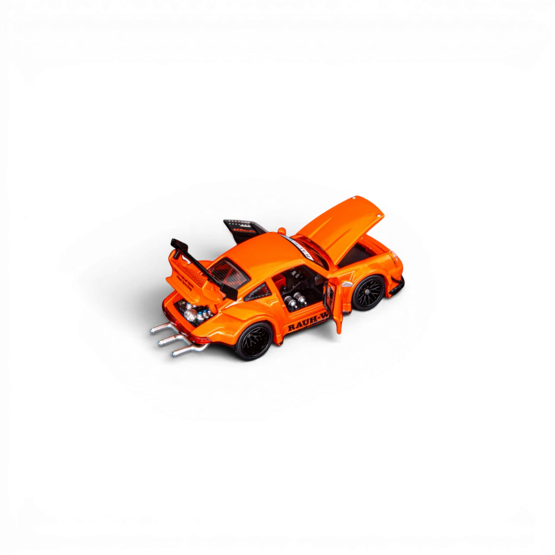 Lot57Supplies Diecast Shop TPC Custom RWB 930 1:64 scale metallic orange diecast model car with open hood, doors, and trunk.