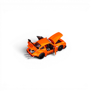 Lot57Supplies Diecast Shop TPC Custom RWB 930 1:64 scale metallic orange diecast model car with open hood, doors, and trunk.