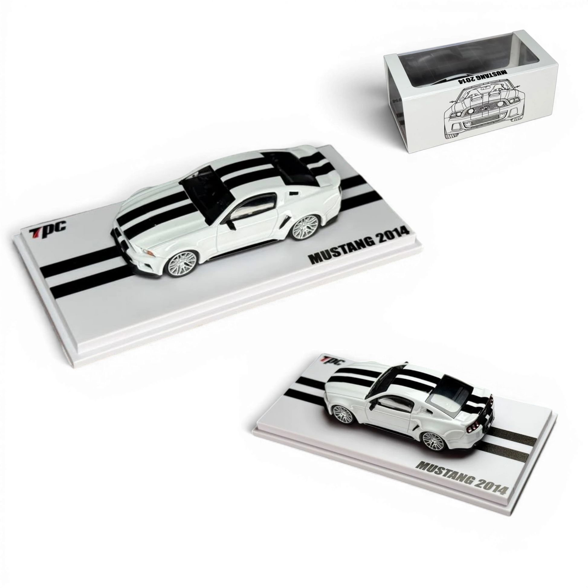 Lot57Supplies Diecast Shop TPC 1:64 scale 2014 Mustang diecast model car in high-gloss white with black racing stripes.