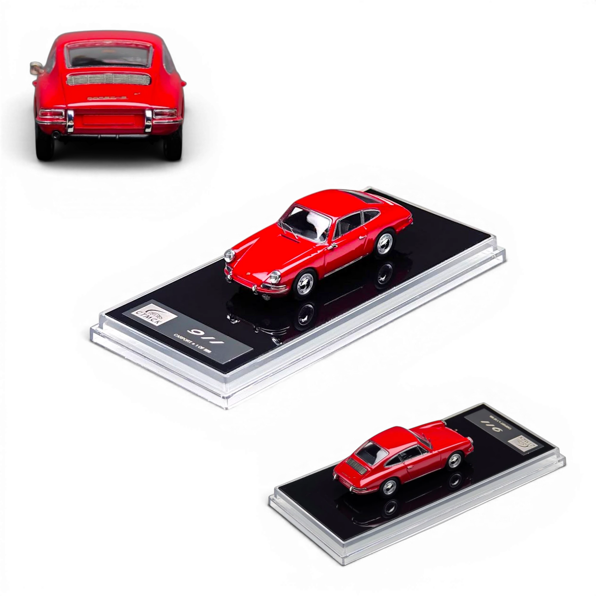 Lot57Supplies Diecast Shop Carport Model 911 diecast car in track red, 1:64 scale model on a black display base.