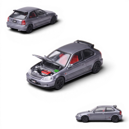 Lot57Supplies Diecast Shop Model One 1:64 scale twilight grey Honda Civic Type-R EK9 diecast model with open hood