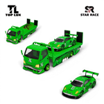 Lot57Supplies Diecast Shop TL&SR Tyrannosaurus green diecast truck and race car set in 1:64 scale with dinosaur graphics