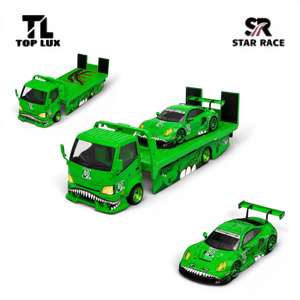 Lot57Supplies Diecast Shop TL&SR Tyrannosaurus green diecast truck and race car set in 1:64 scale with dinosaur graphics