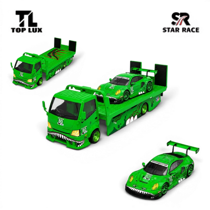 Lot57Supplies Diecast Shop TL&SR Tyrannosaurus green diecast truck and race car set in 1:64 scale with dinosaur graphics