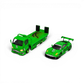 Lot57Supplies Diecast Shop 1:64 scale TL&SR Tyrannosaurus green diecast flatbed truck and Porsche race car set