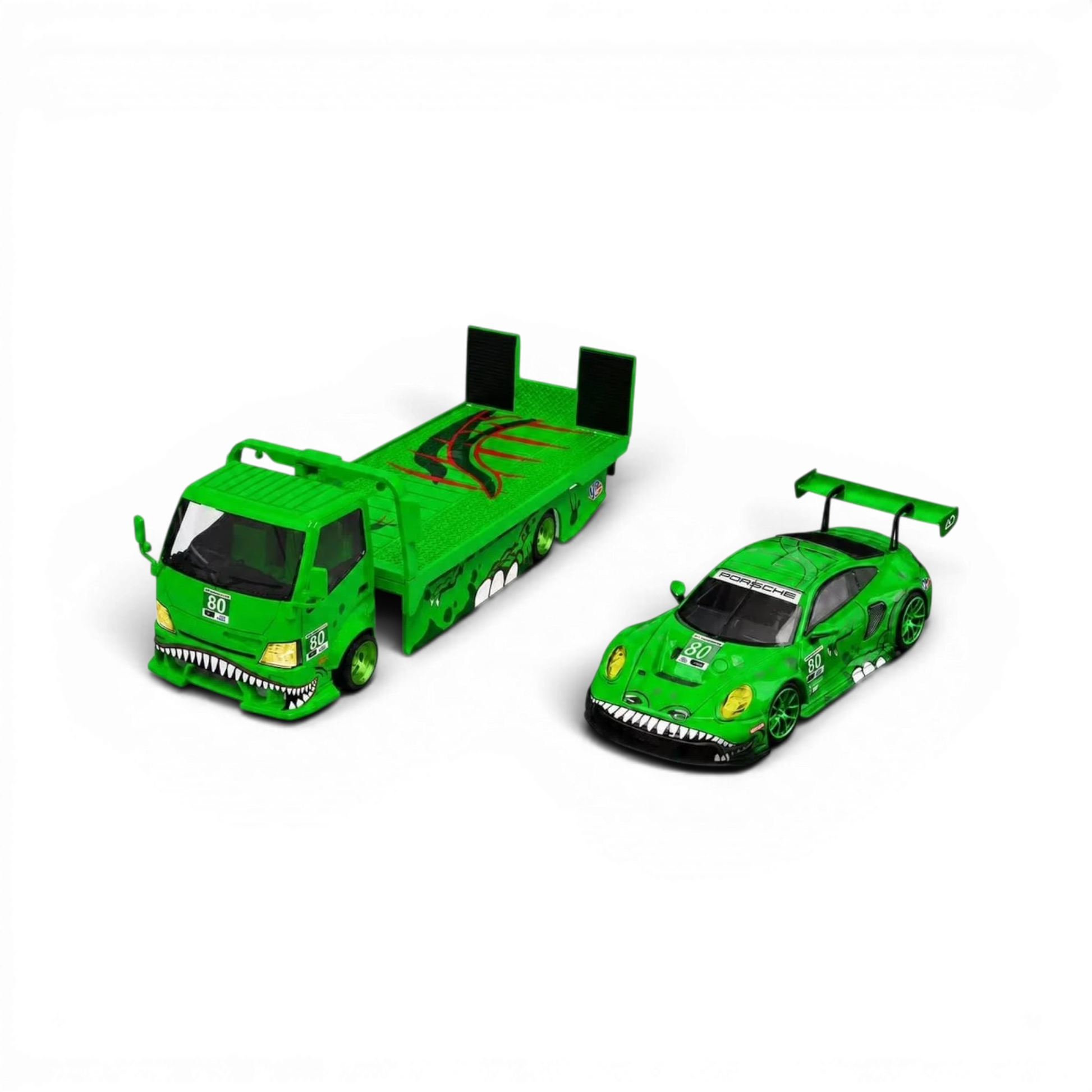 Lot57Supplies Diecast Shop 1:64 scale TL&SR Tyrannosaurus green diecast flatbed truck and Porsche race car set