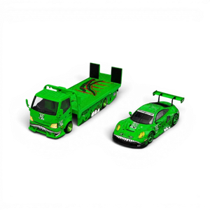 Lot57Supplies Diecast Shop 1:64 scale TL&SR Tyrannosaurus green diecast flatbed truck and Porsche race car set