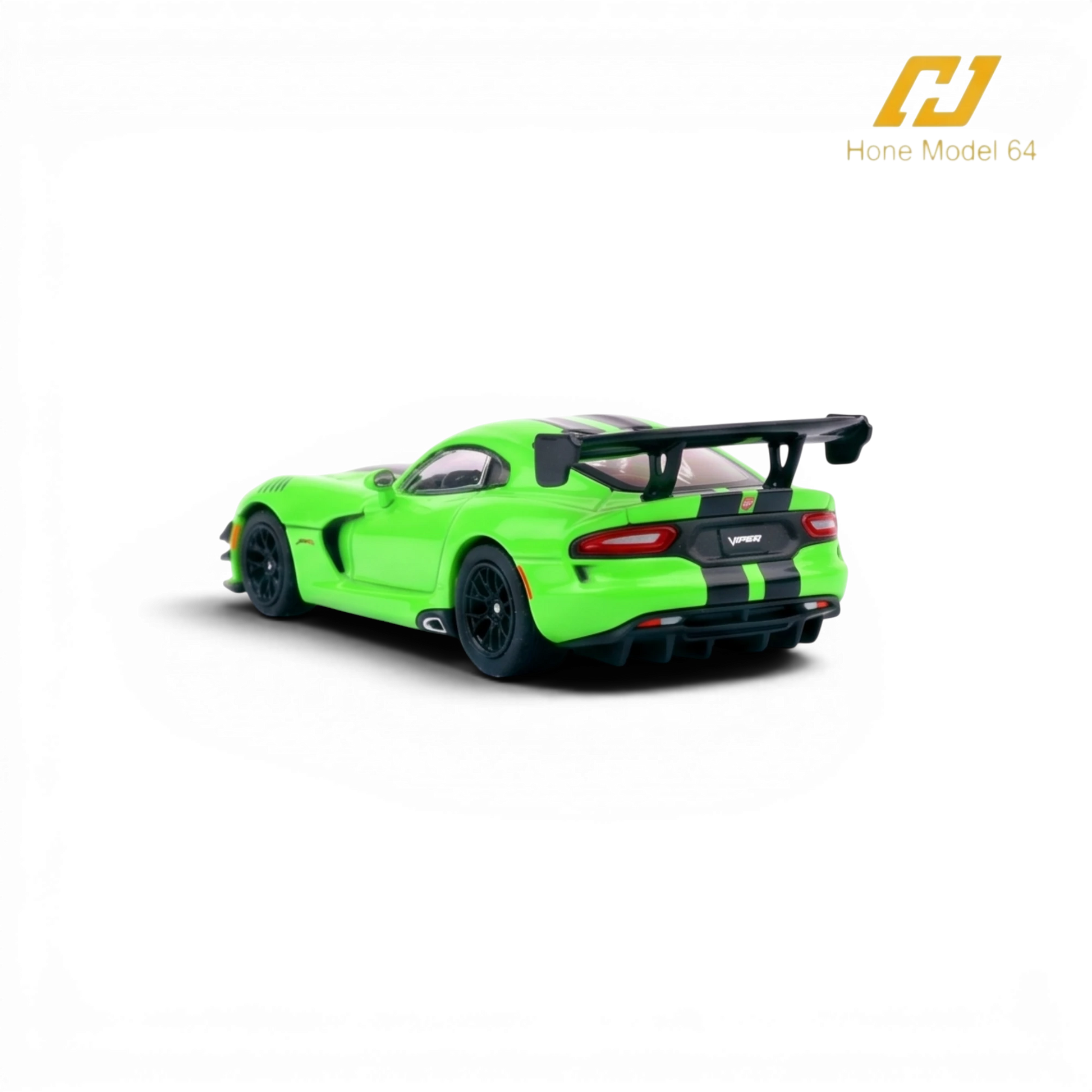 Lot57Supplies Diecast Shop: Viper Green 1:64 scale diecast Dodge Viper ACR with black racing stripes and large rear spoiler.