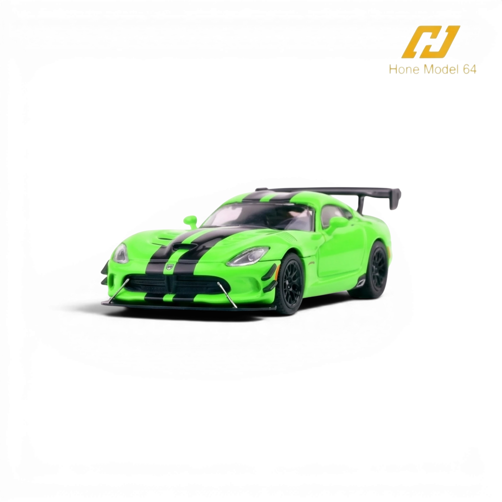Lot57Supplies Diecast Shop 1:64 scale Viper Green Dodge Viper ACR diecast model with black racing stripes and magnetic hood.