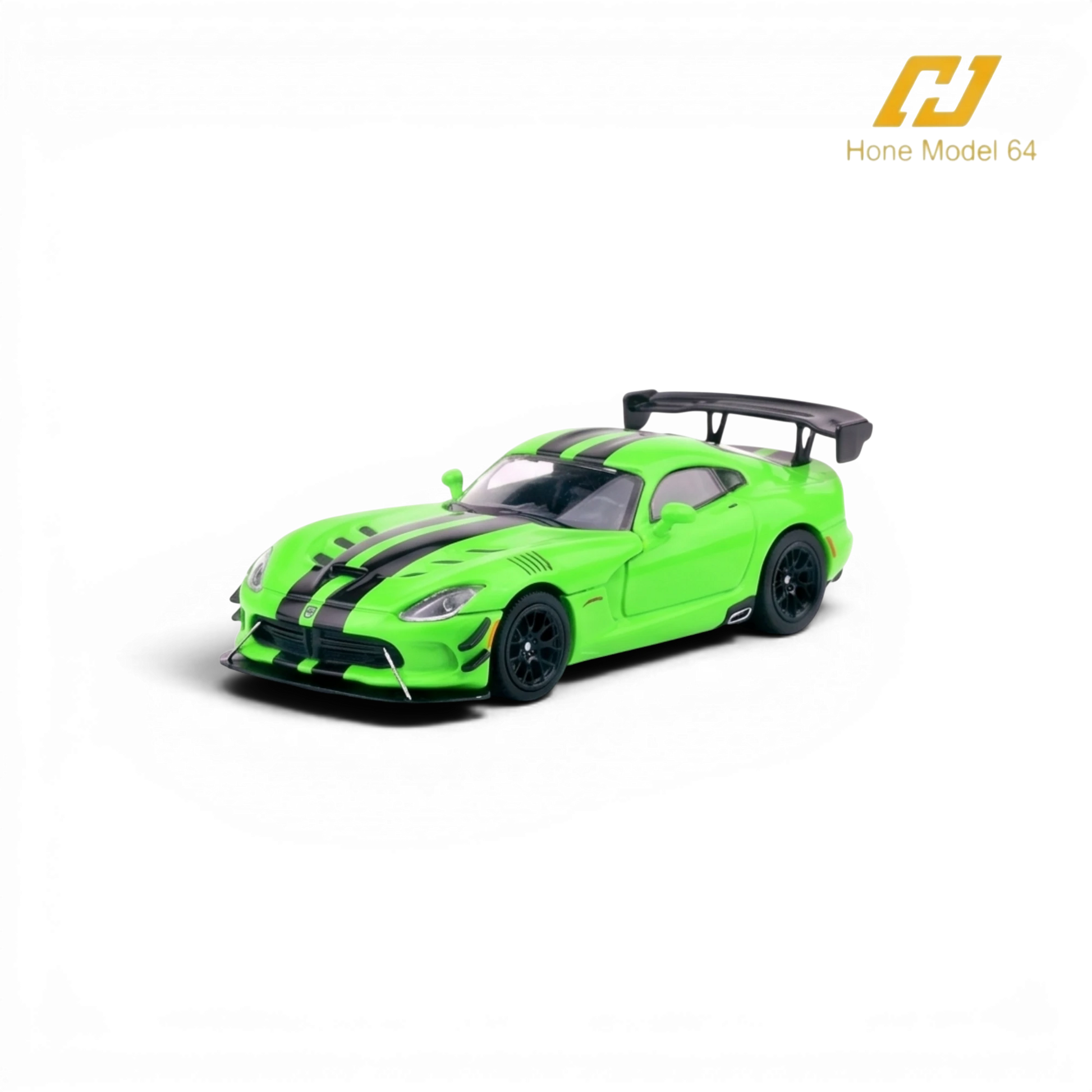 Lot57Supplies Diecast Shop 1:64 scale Viper Green Dodge Viper ACR diecast model car with black racing stripes and a rear spoiler.