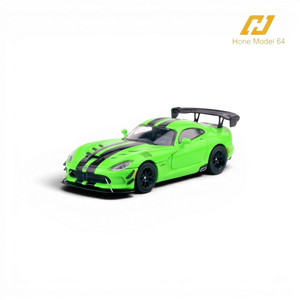 Lot57Supplies Diecast Shop 1:64 scale Viper Green Dodge Viper ACR diecast model car with black racing stripes and a rear spoiler.