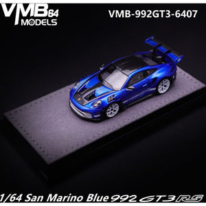 Lot57Supplies Diecast Shop VMB 992 GT3 RS resin model car in San Marino Blue on a grey display base