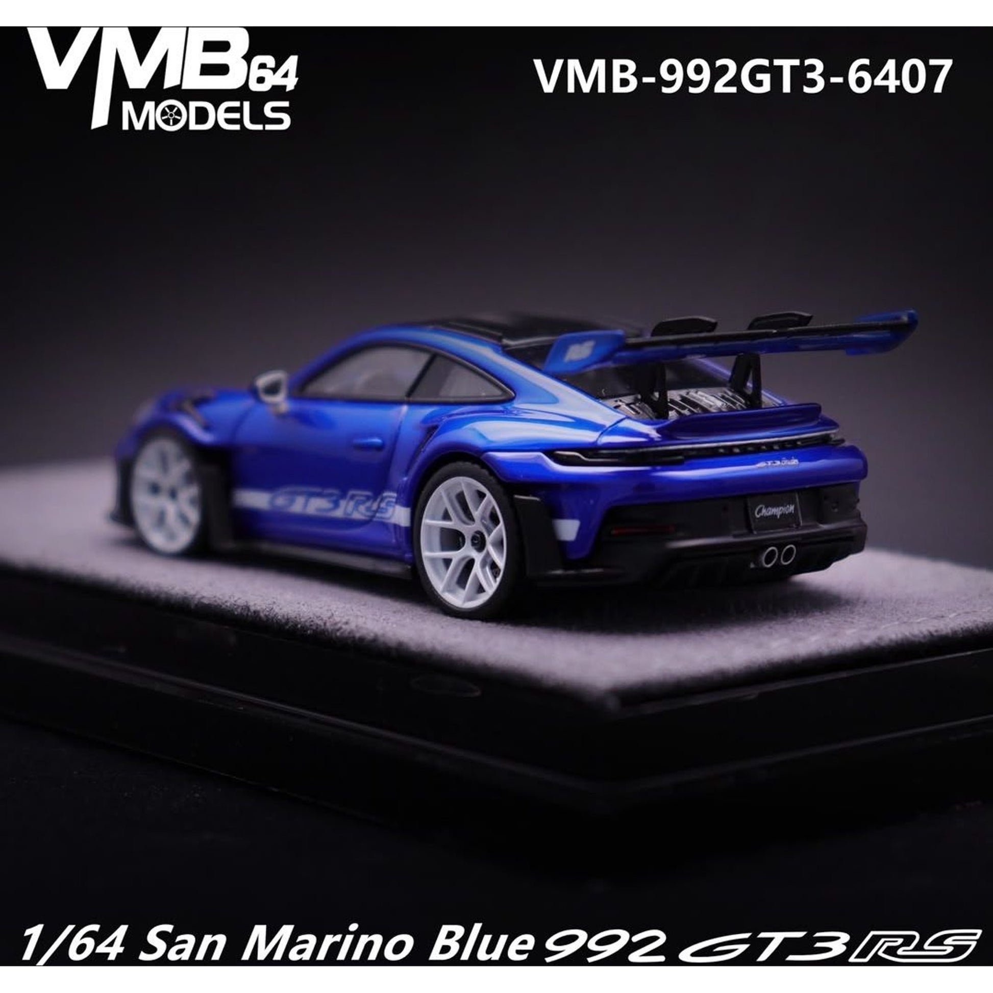 Lot57Supplies Diecast Shop 1:64 scale resin VMB 992 GT3 RS model car in San Marino Blue with white wheels