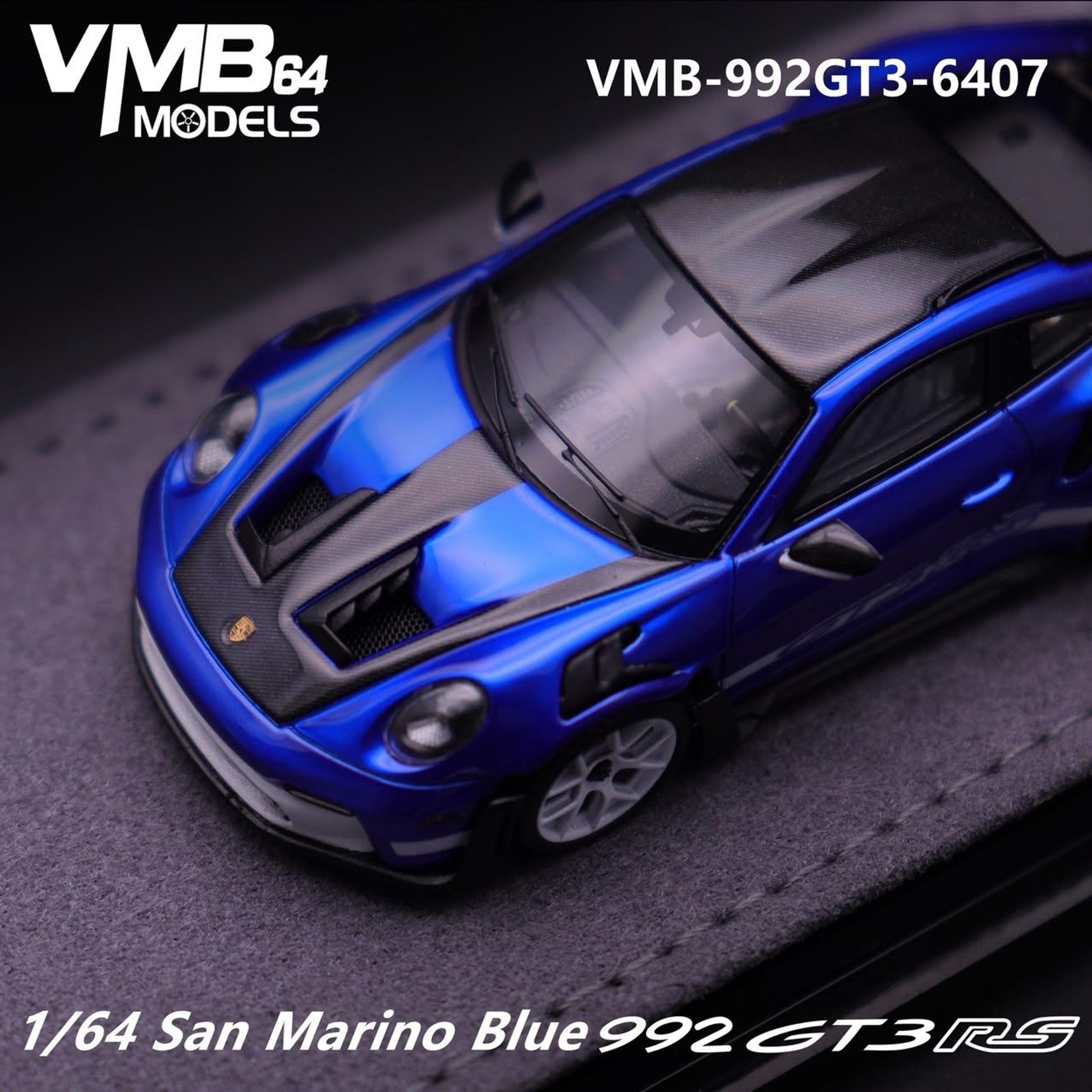 Lot57Supplies Diecast Shop 1:64 scale resin VMB 992 GT3 RS model car in San Marino Blue with black carbon accents