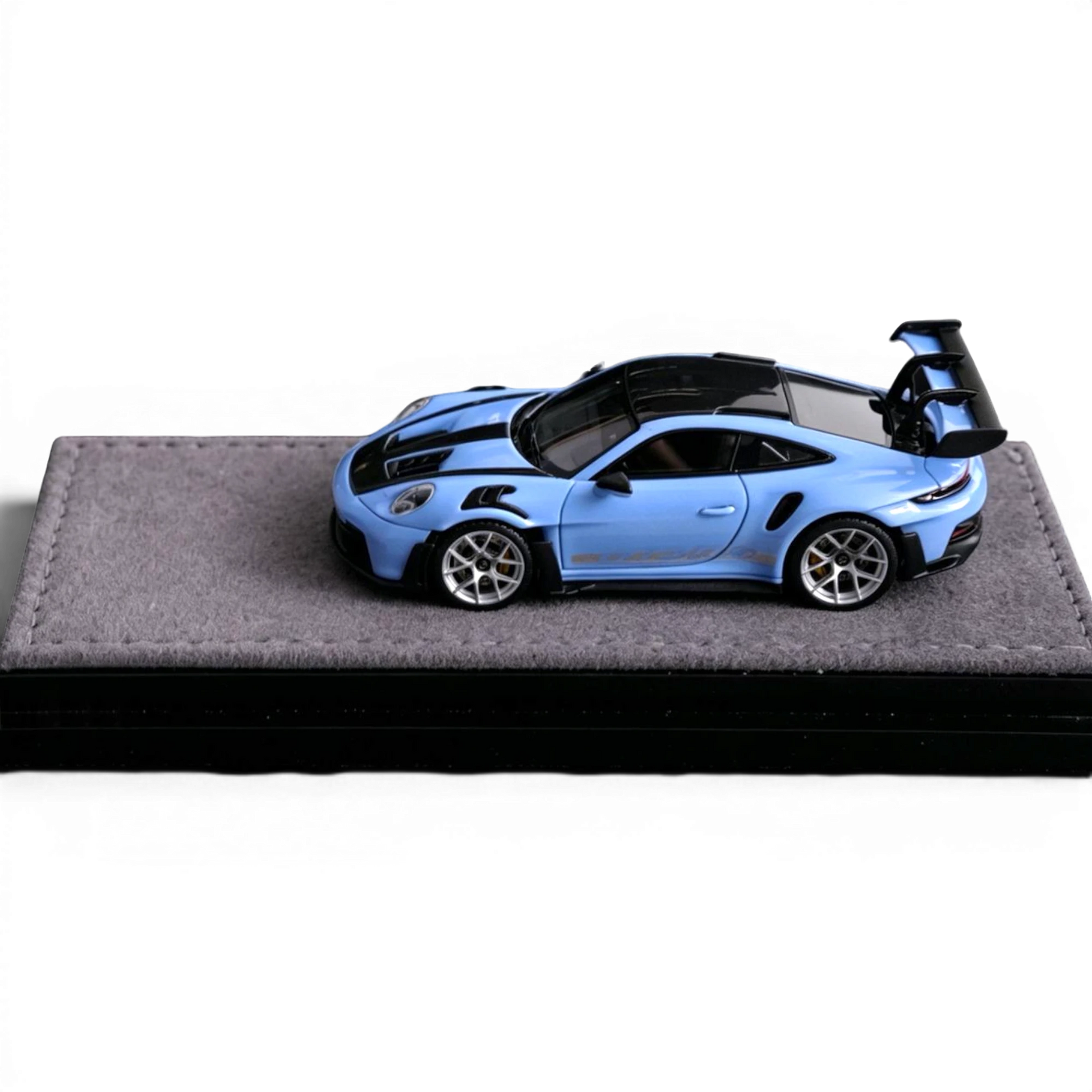 Lot57Supplies Diecast Shop VMB 992 GT3 RS 1:64 scale model in Etna Blue resin with black racing stripes and large rear spoiler.
