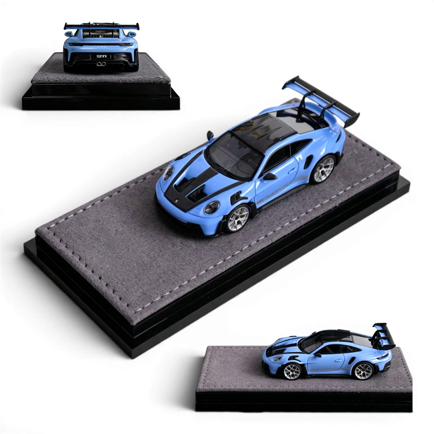 Lot57Supplies Diecast Shop VMB 992 GT3 RS 1:64 scale Etna Blue resin model car with black racing stripes and a large rear spoiler.