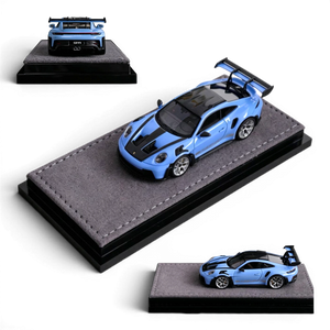 Lot57Supplies Diecast Shop VMB 992 GT3 RS 1:64 scale Etna Blue resin model car with black racing stripes and a large rear spoiler.
