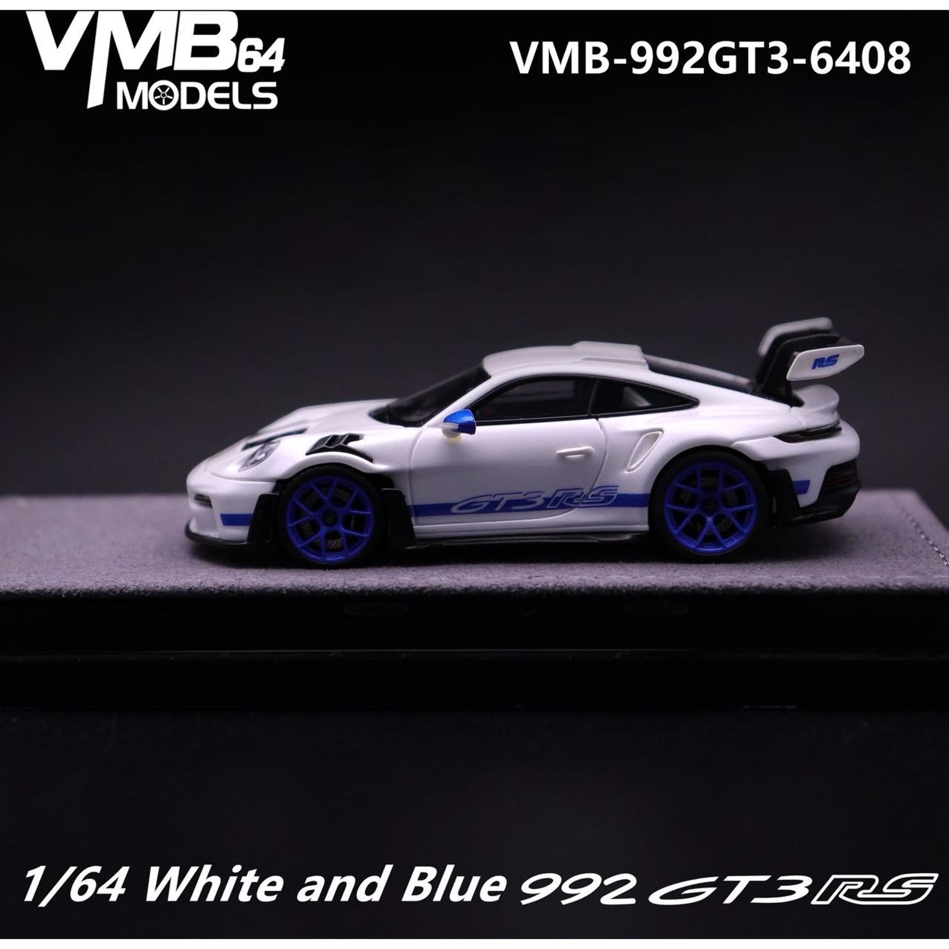 Lot57Supplies Diecast Shop VMB 992 GT3 RS 1:64 scale resin model car in white and blue with detailed racing livery
