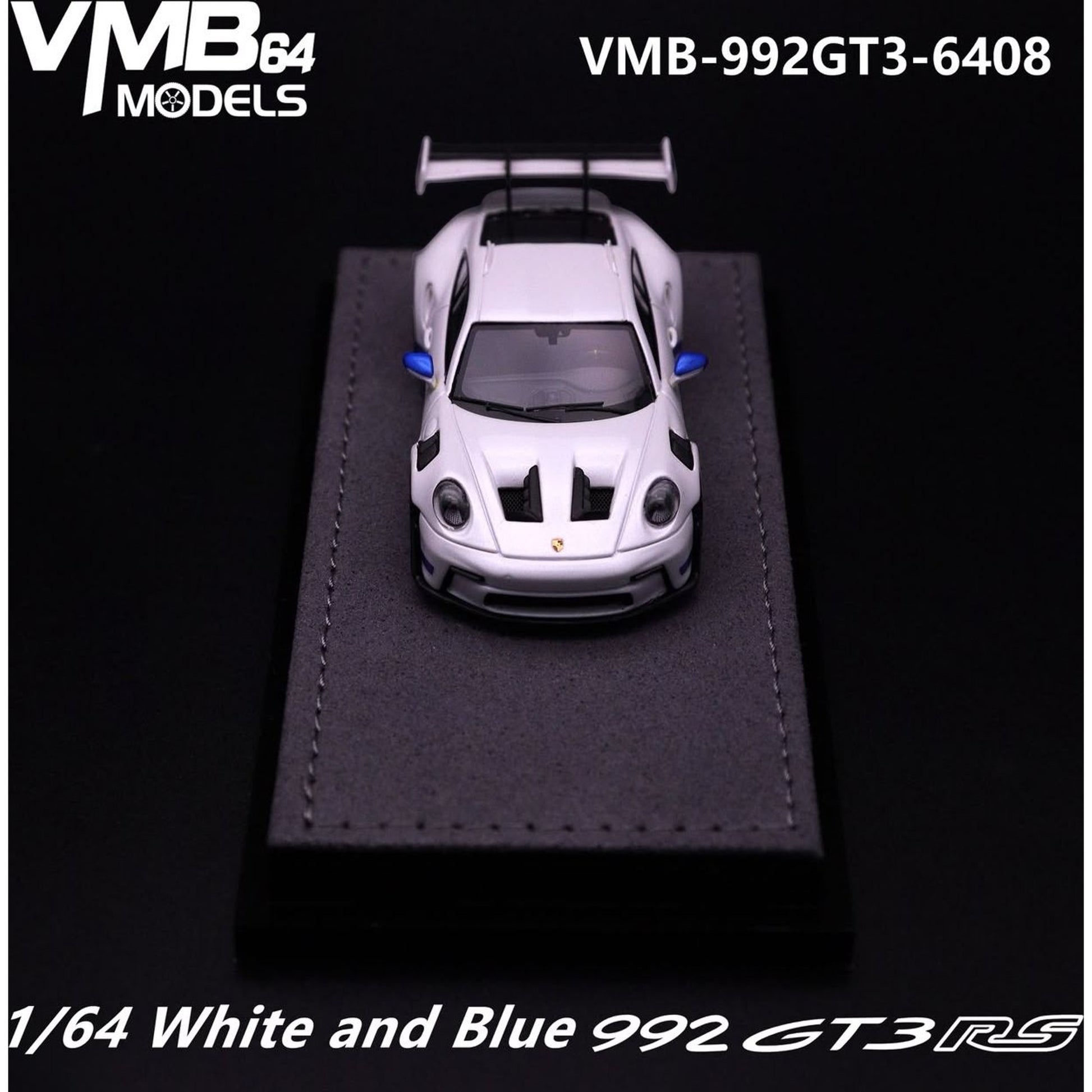 Lot57Supplies Diecast Shop 1:64 scale VMB 992 GT3 RS resin model car in white and blue on a display base