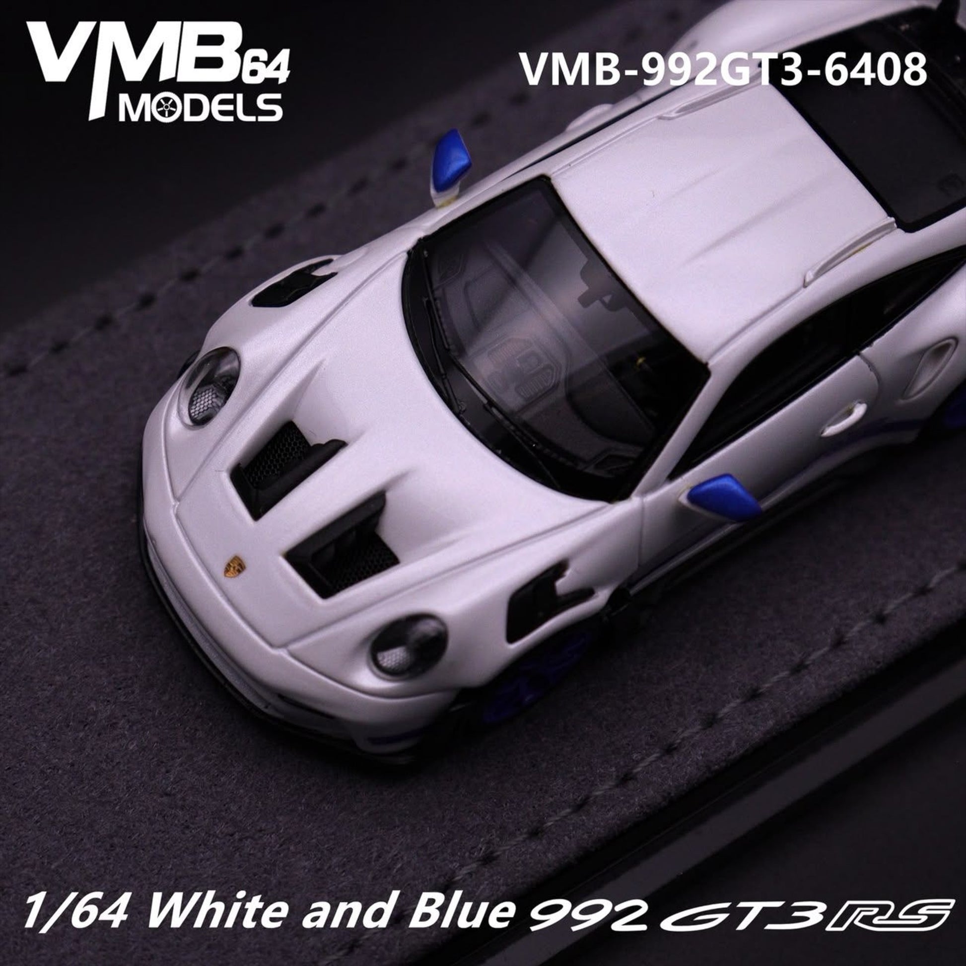 Lot57Supplies Diecast Shop VMB 992 GT3 RS 1:64 scale resin model car in white and blue, high-angle view.