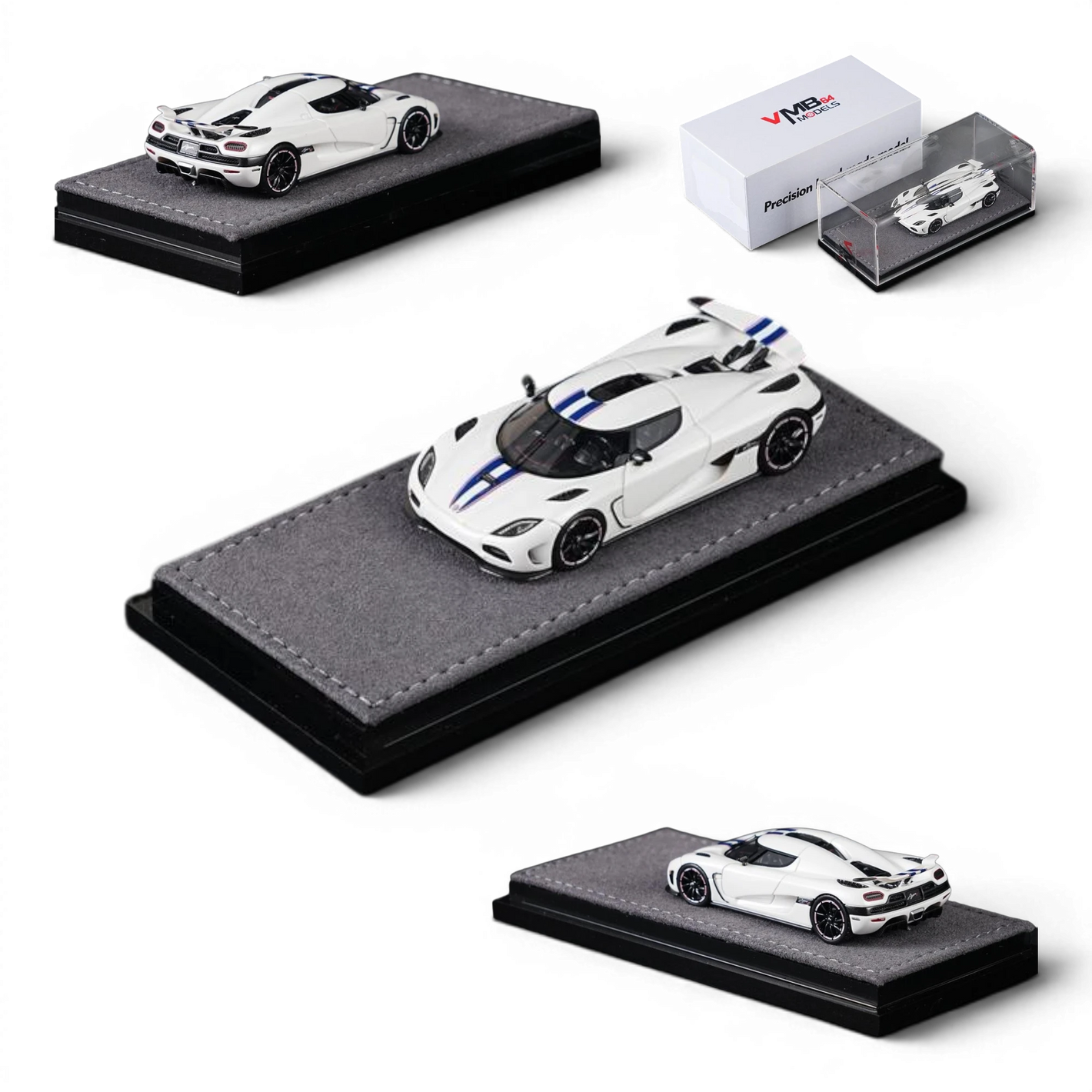 Lot57Supplies Diecast Shop VMB Agera R 1:64 scale white diecast model car with blue racing stripes, displayed on a grey felt base.