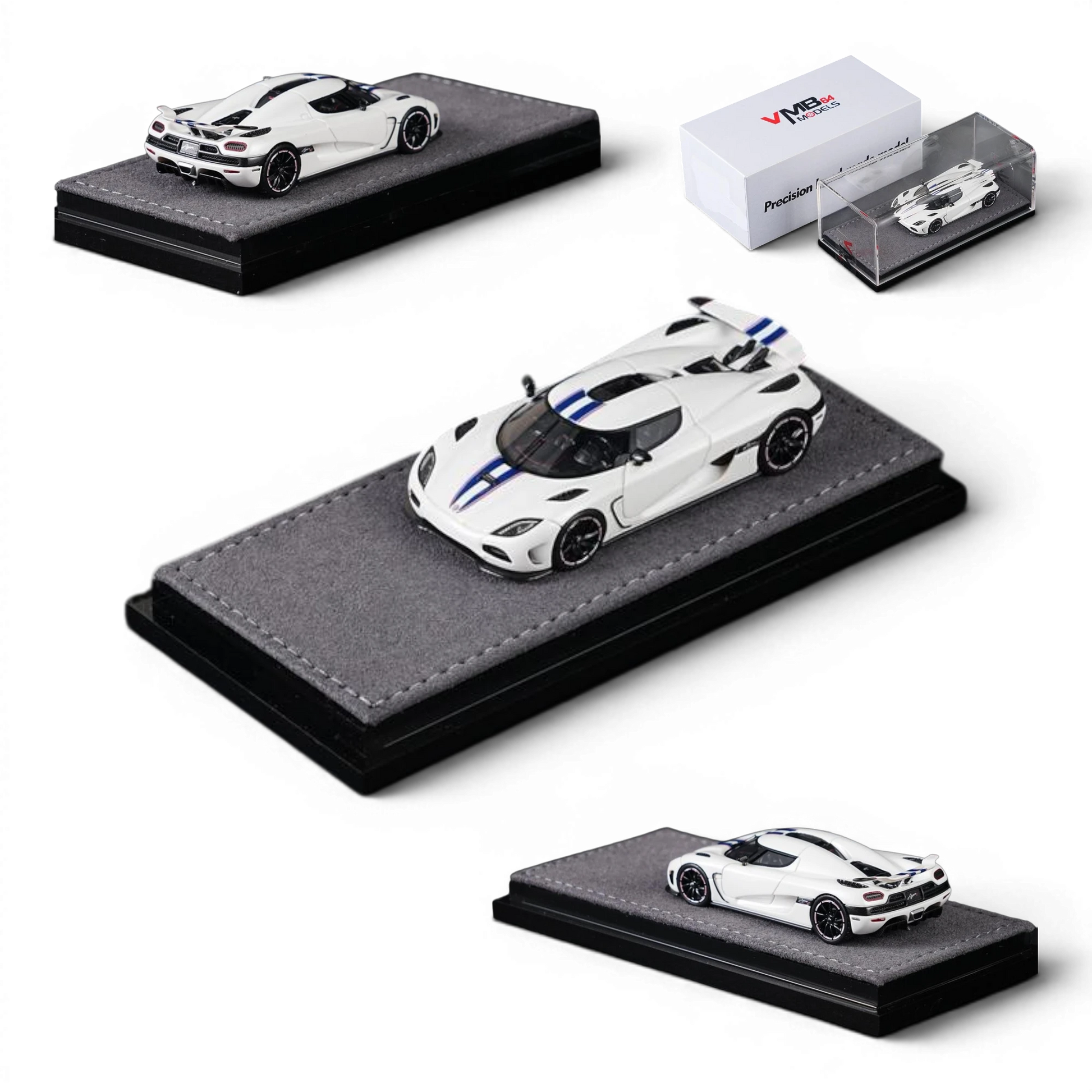 Lot57Supplies Diecast Shop VMB Agera R 1:64 scale white diecast model car with blue racing stripes, displayed on a grey felt base.