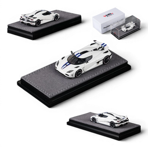 Lot57Supplies Diecast Shop VMB Agera R 1:64 scale white diecast model car with blue racing stripes, displayed on a grey felt base.