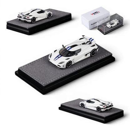 Lot57Supplies Diecast Shop VMB Agera R 1:64 scale white diecast model car with blue racing stripes, displayed on a grey felt base.