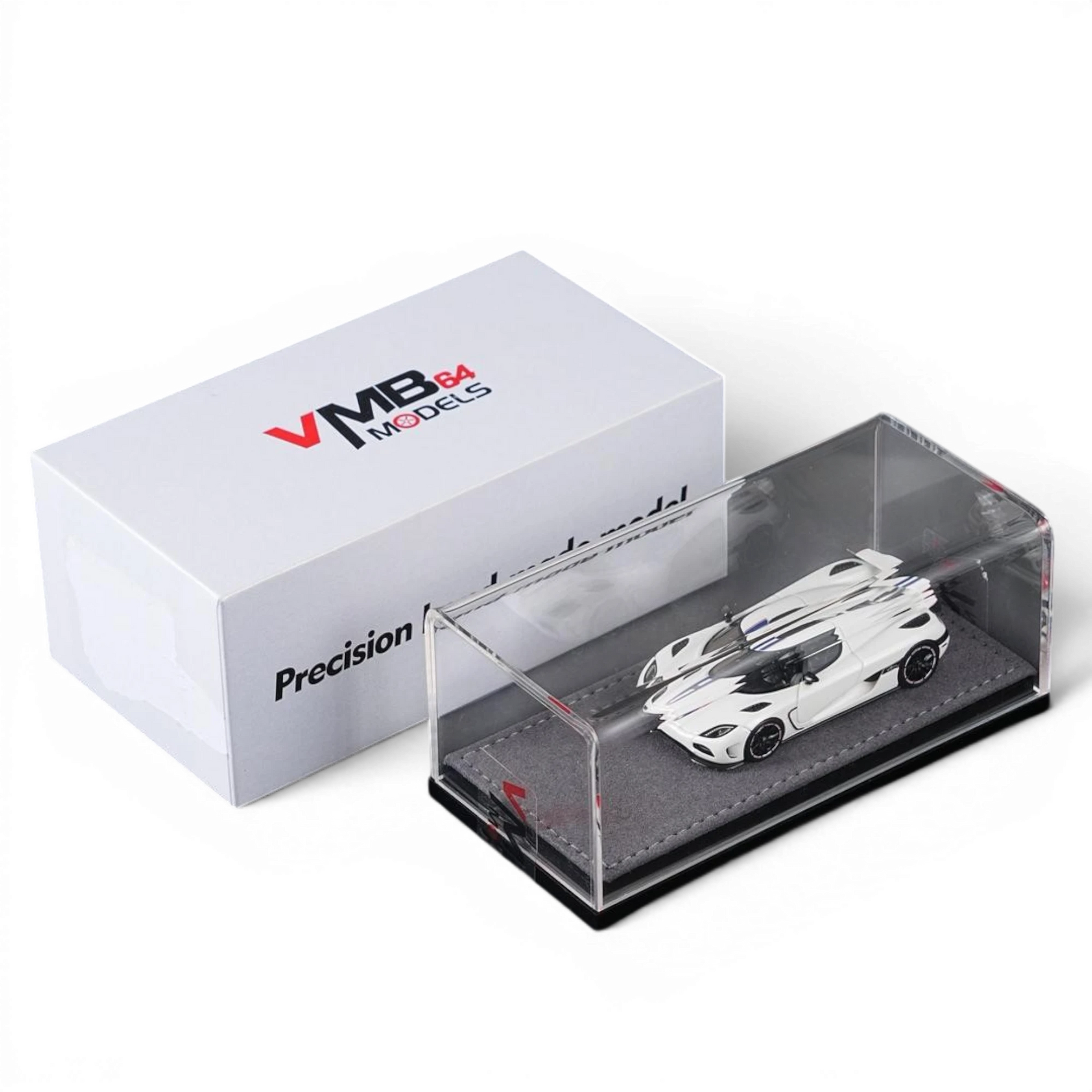 Lot57Supplies Diecast Shop VMB Agera R 1:64 scale white diecast model car with blue racing stripes in display case.