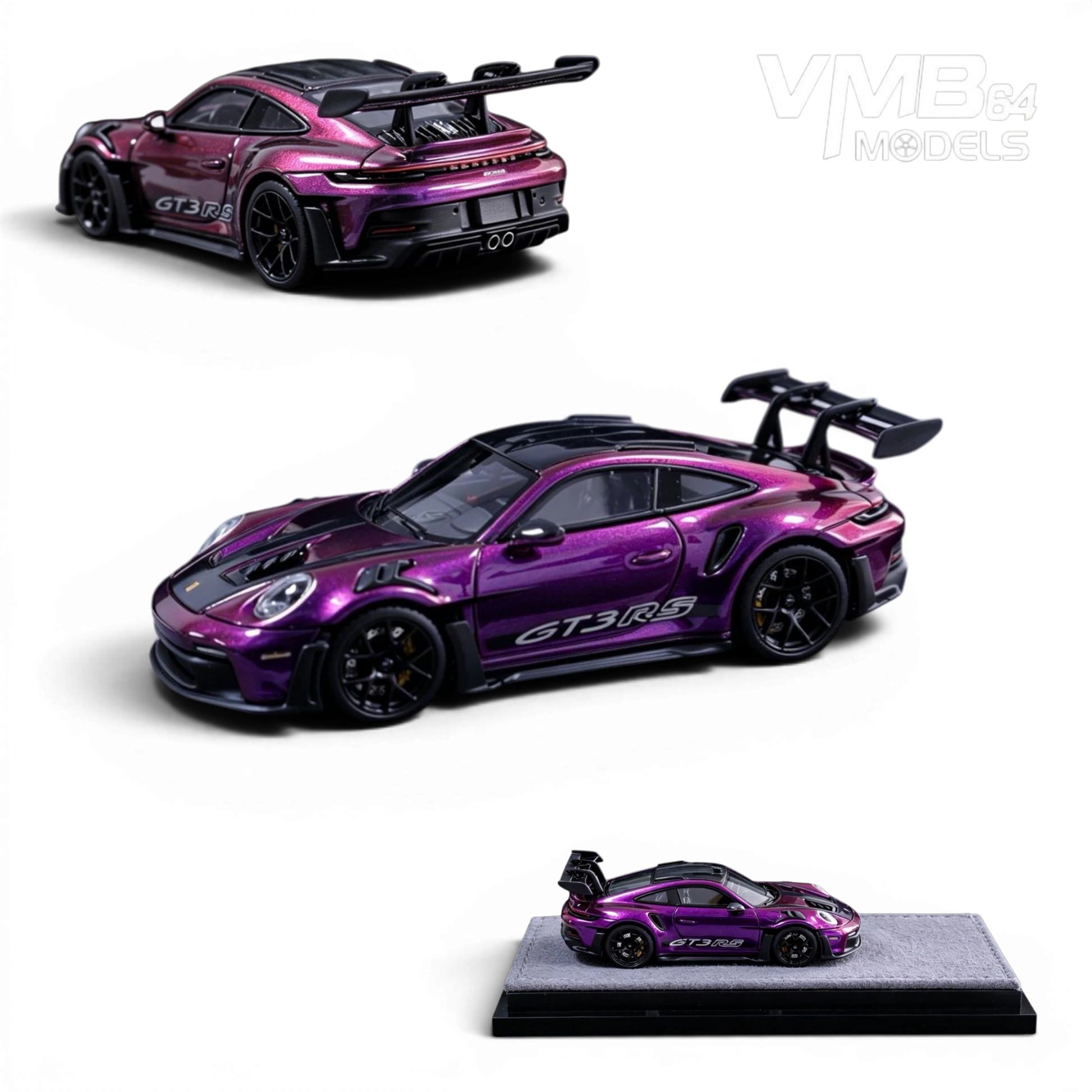 Lot57Supplies Diecast Shop VMB Porsche 992 GT3 RS diecast model in Phantom Purple, 1:64 scale with rear wing.