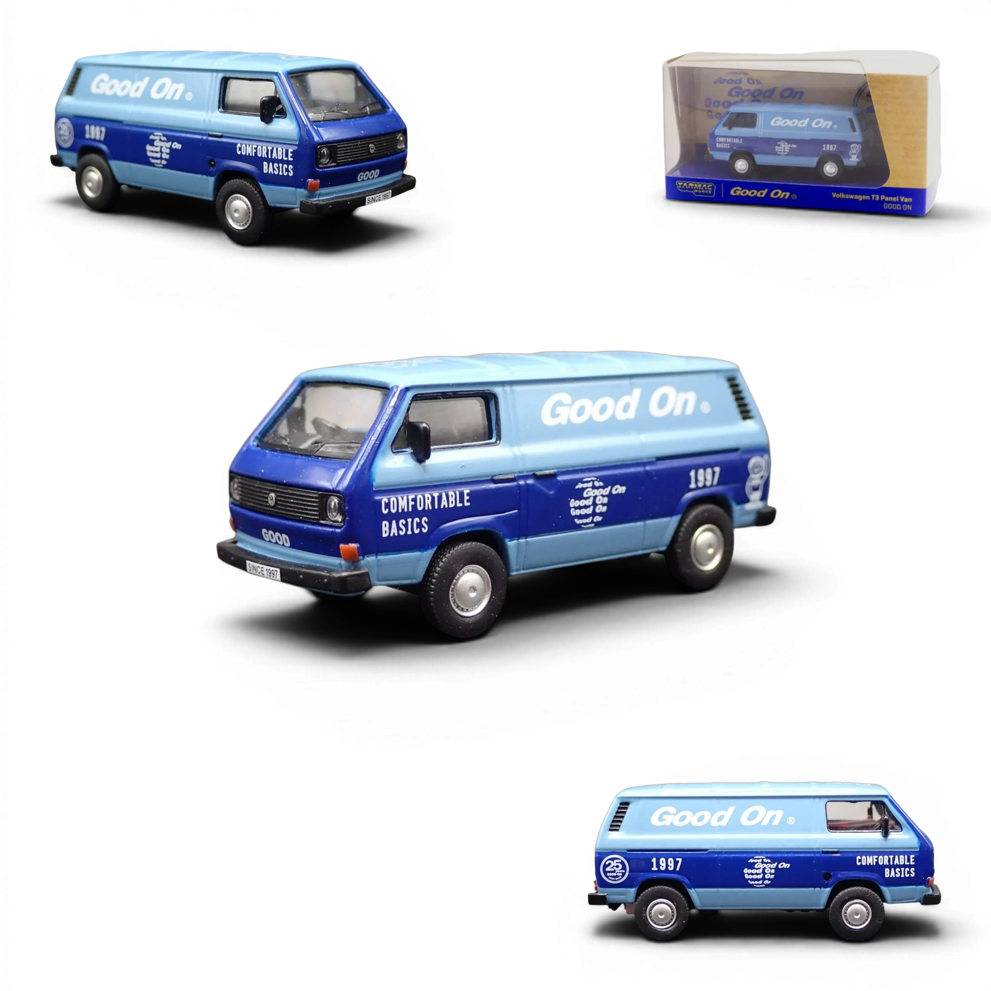 Lot57Supplies Diecast Shop Tarmac Works 1:64 scale Volkswagen T3 Panel Van in blue with Good On branding
