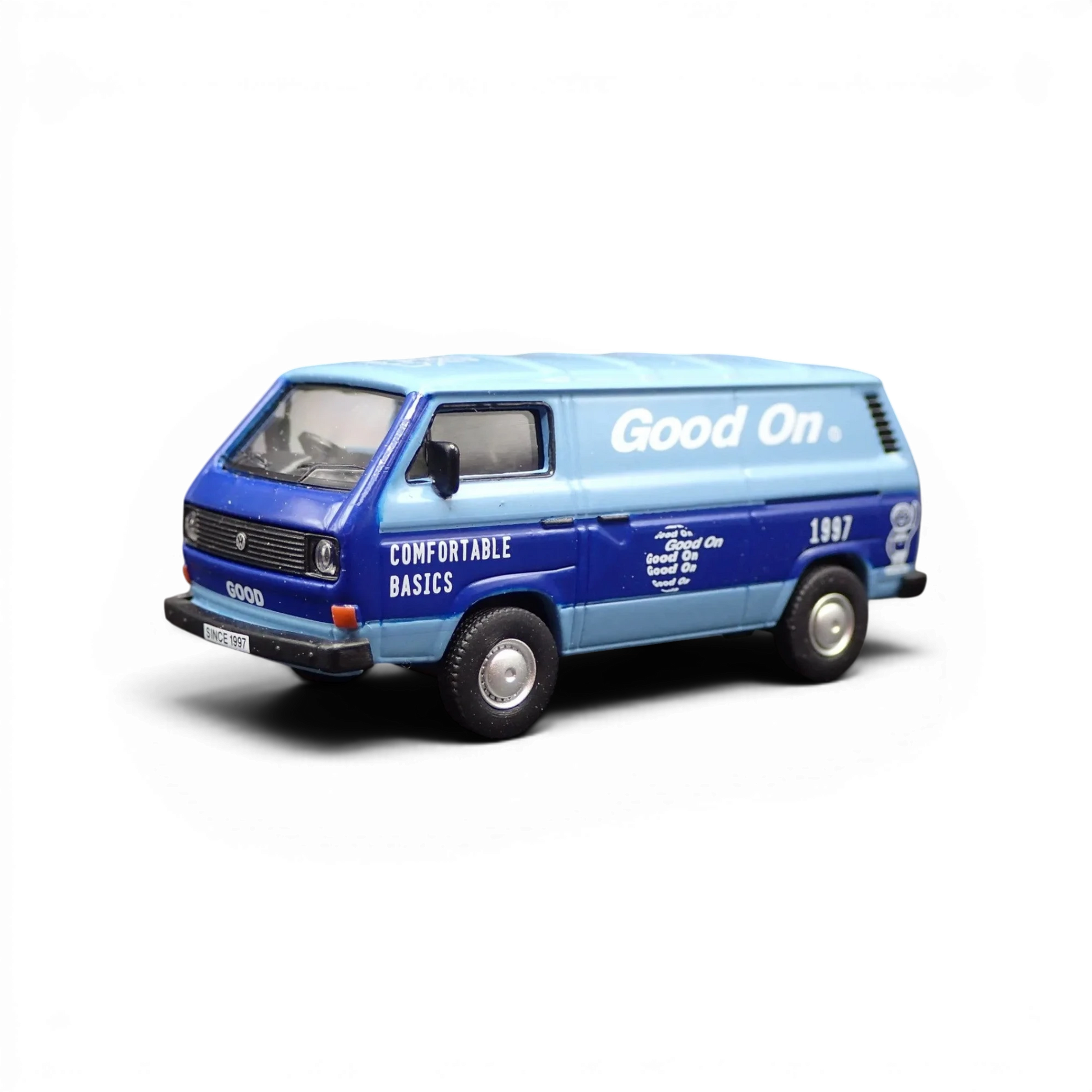 Lot57Supplies Diecast Shop Tarmac Works Volkswagen T3 Panel Van diecast model in blue with Good On branding