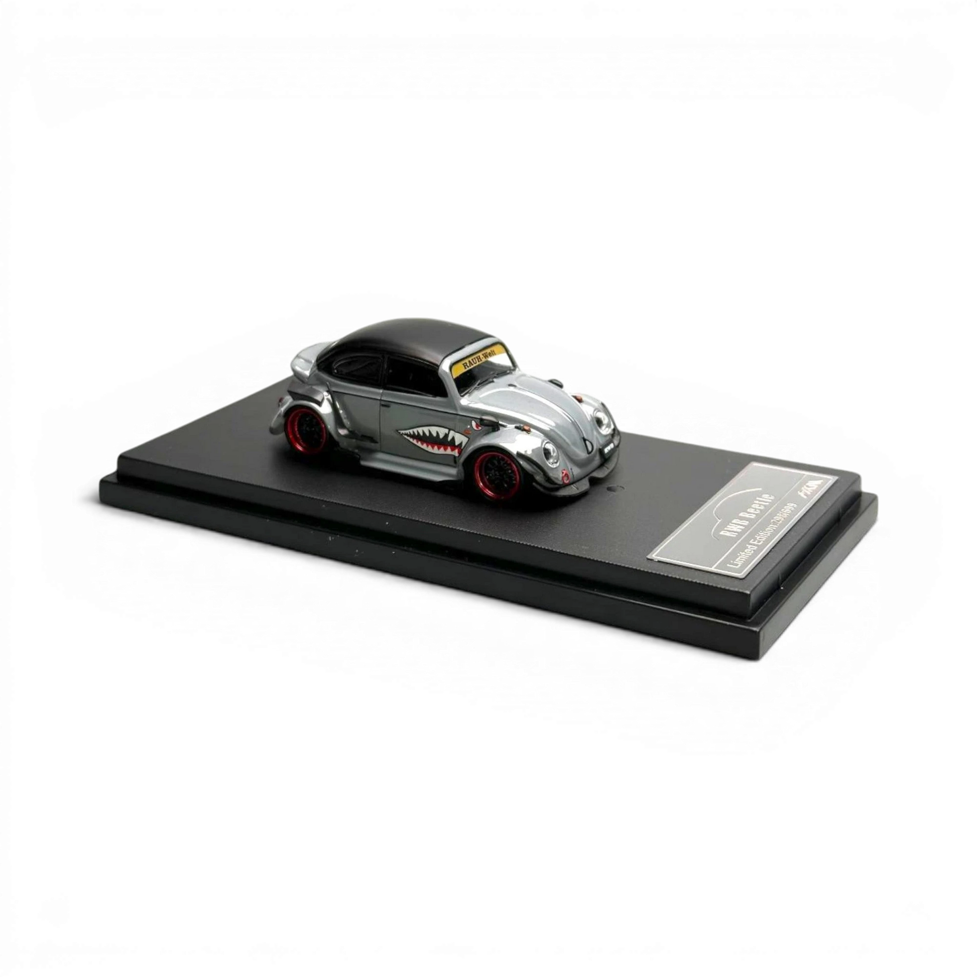 Lot57Supplies Diecast Shop HKM Model VW Beetle Convertible 1:64 scale diecast model with grey shark mouth graphics and red wheels.