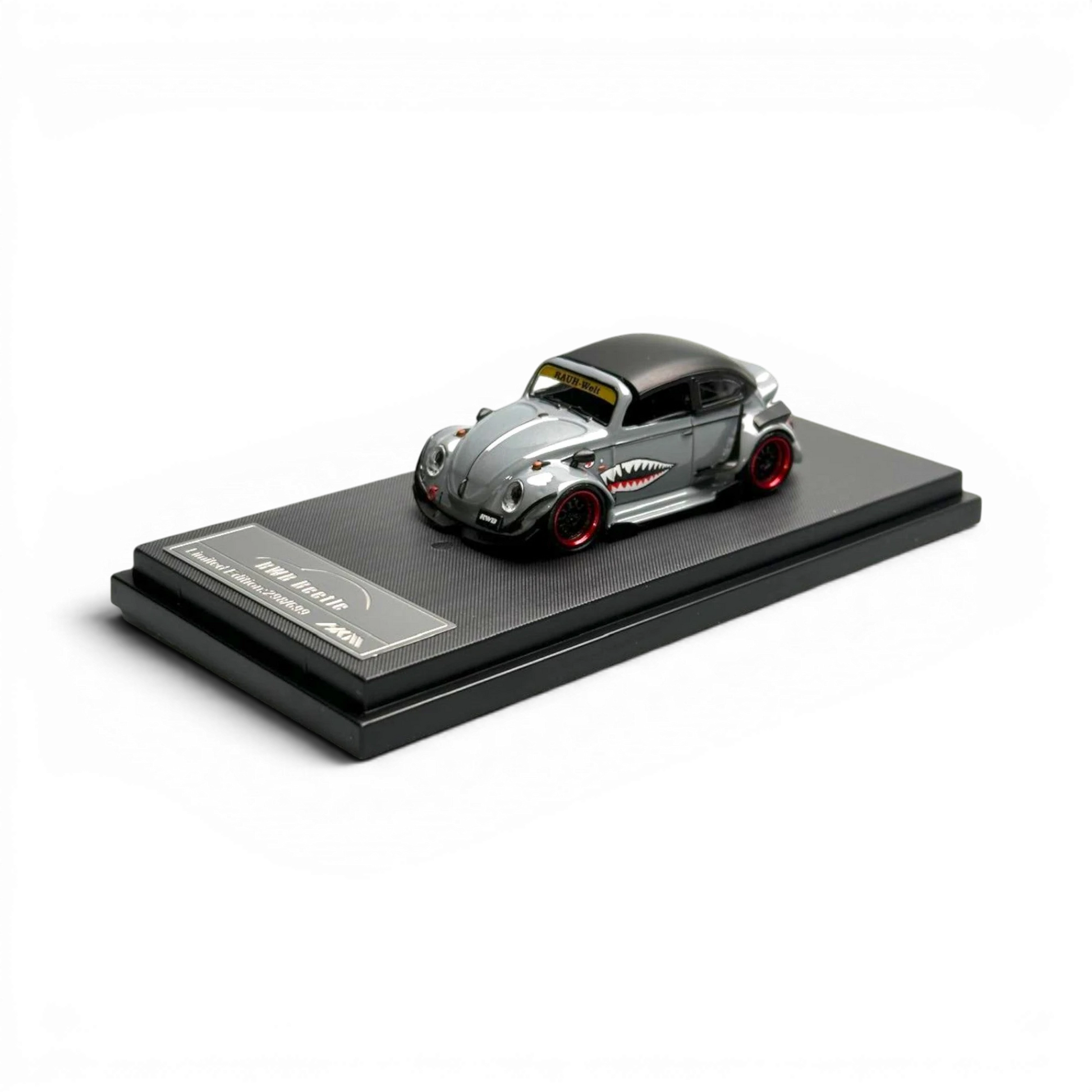 Lot57Supplies Diecast Shop grey 1:64 scale HKM Model VW Beetle Convertible with shark mouth graphic and red wheels.