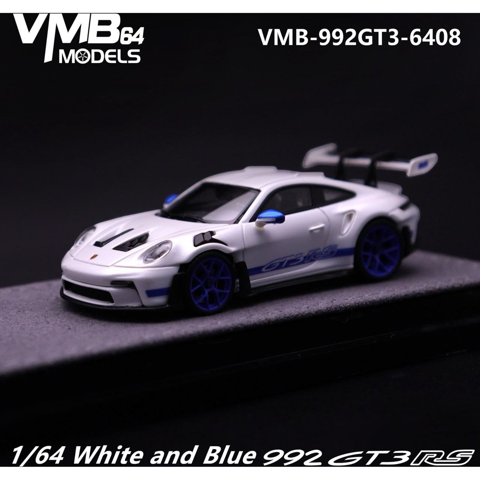 Lot57Supplies Diecast Shop 1:64 scale VMB 992 GT3 RS resin model car in white and blue with rear wing