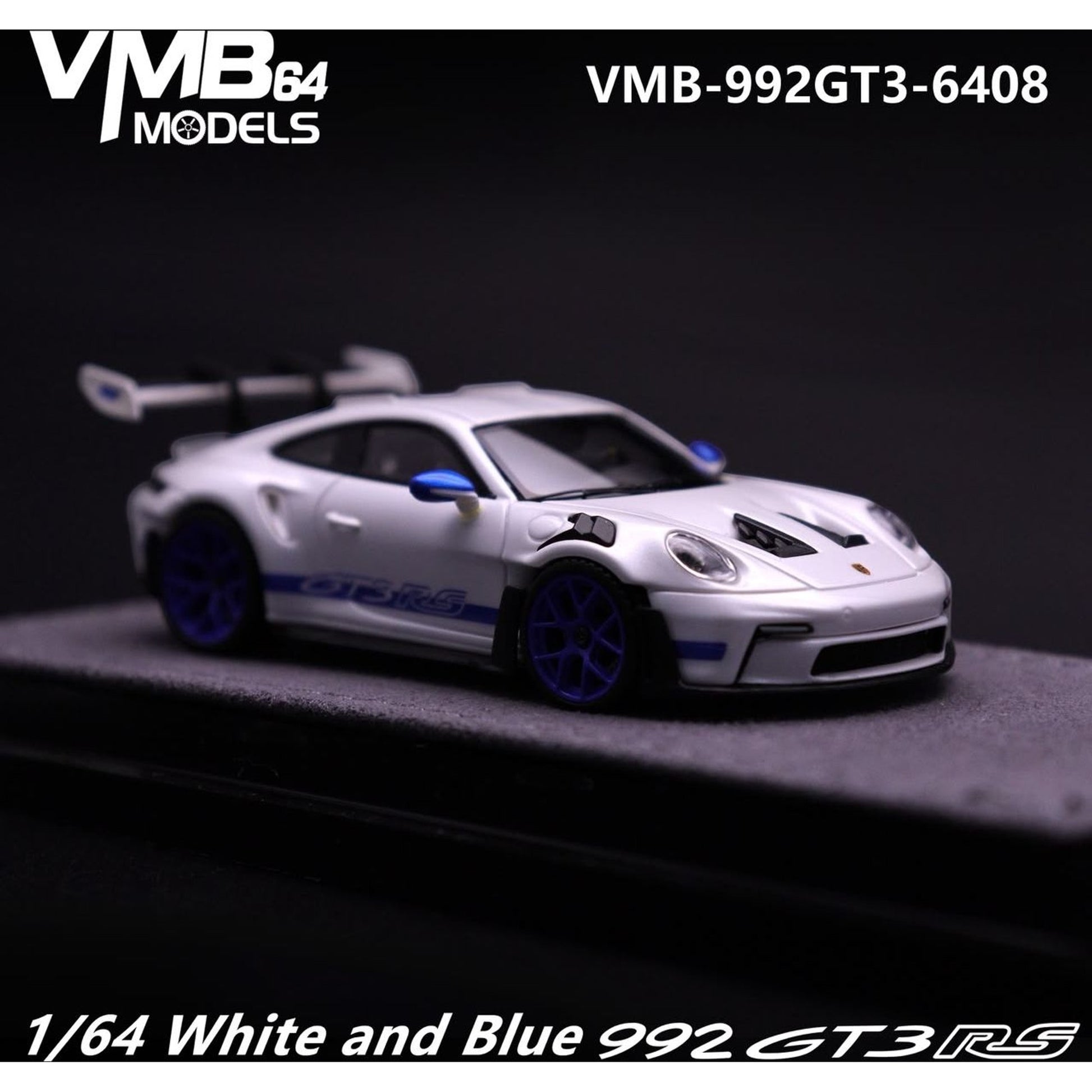 Lot57Supplies Diecast Shop 1:64 scale VMB 992 GT3 RS resin model car in white and blue with rear wing