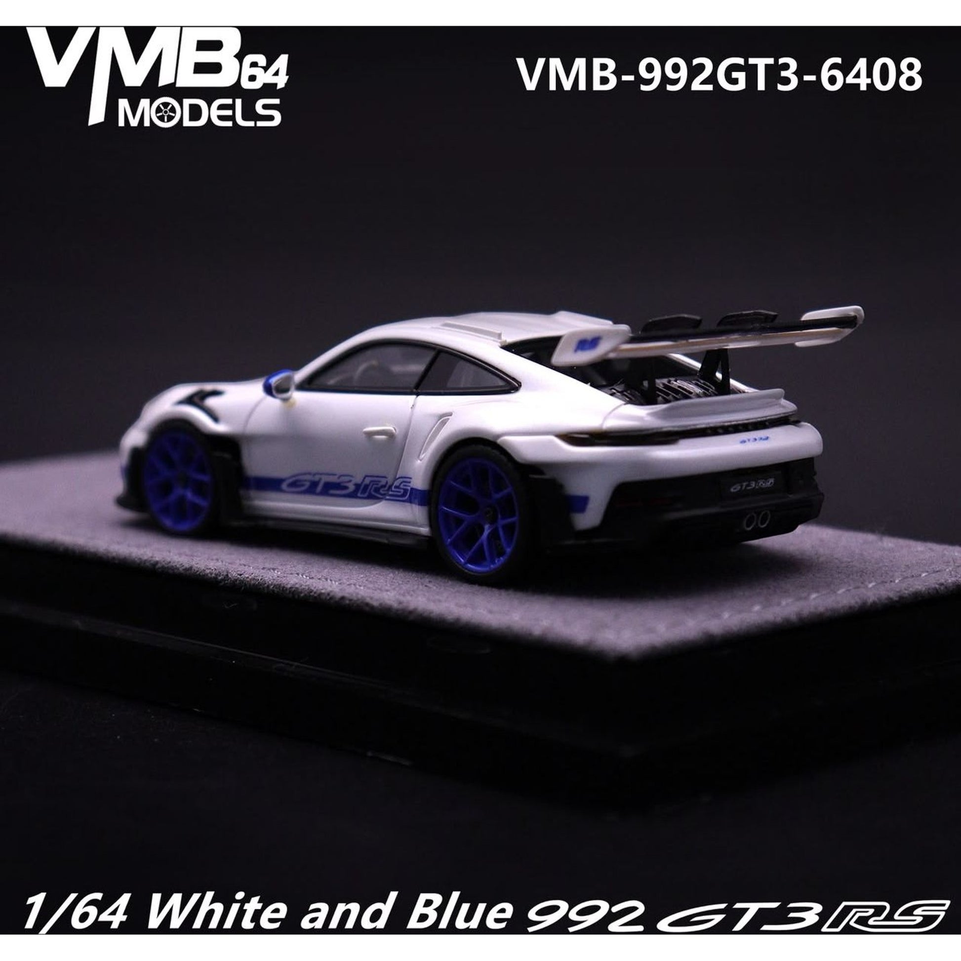 Lot57Supplies Diecast Shop 1:64 scale VMB 992 GT3 RS resin model car in white and blue on a display base