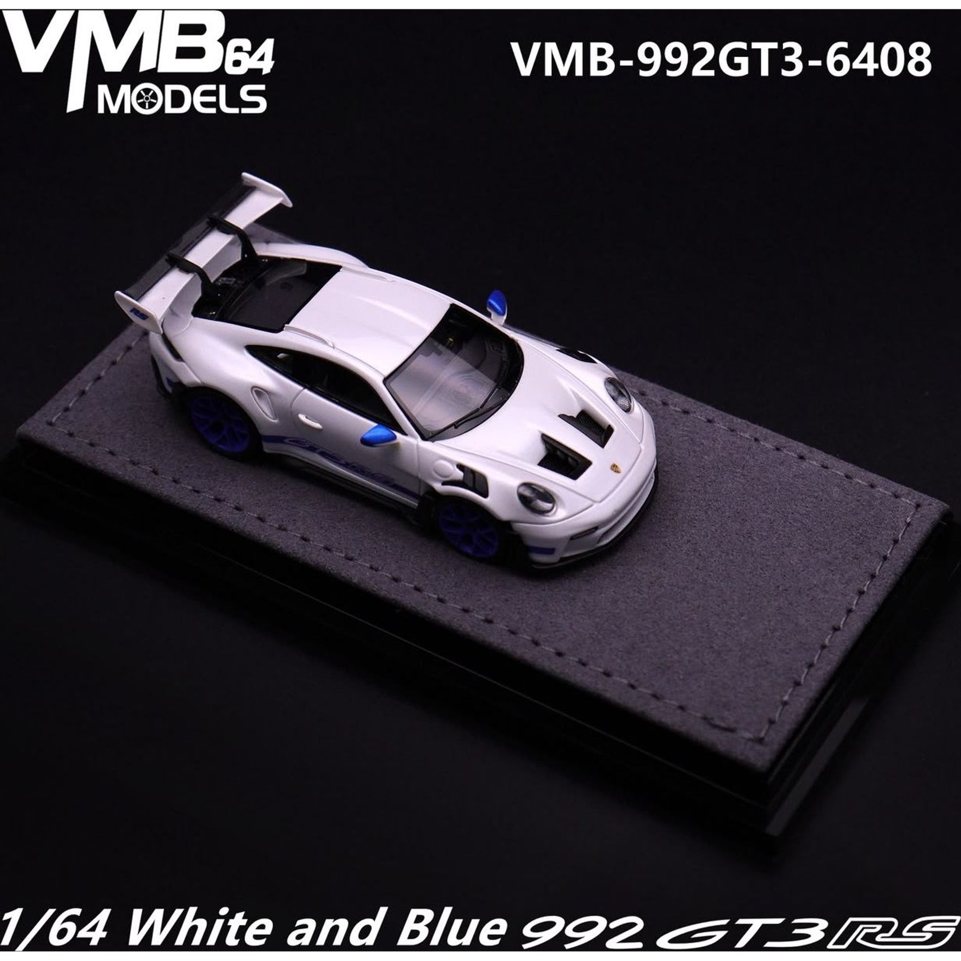 Lot57Supplies Diecast Shop 1:64 scale VMB 992 GT3 RS resin model car in white and blue on a grey display base