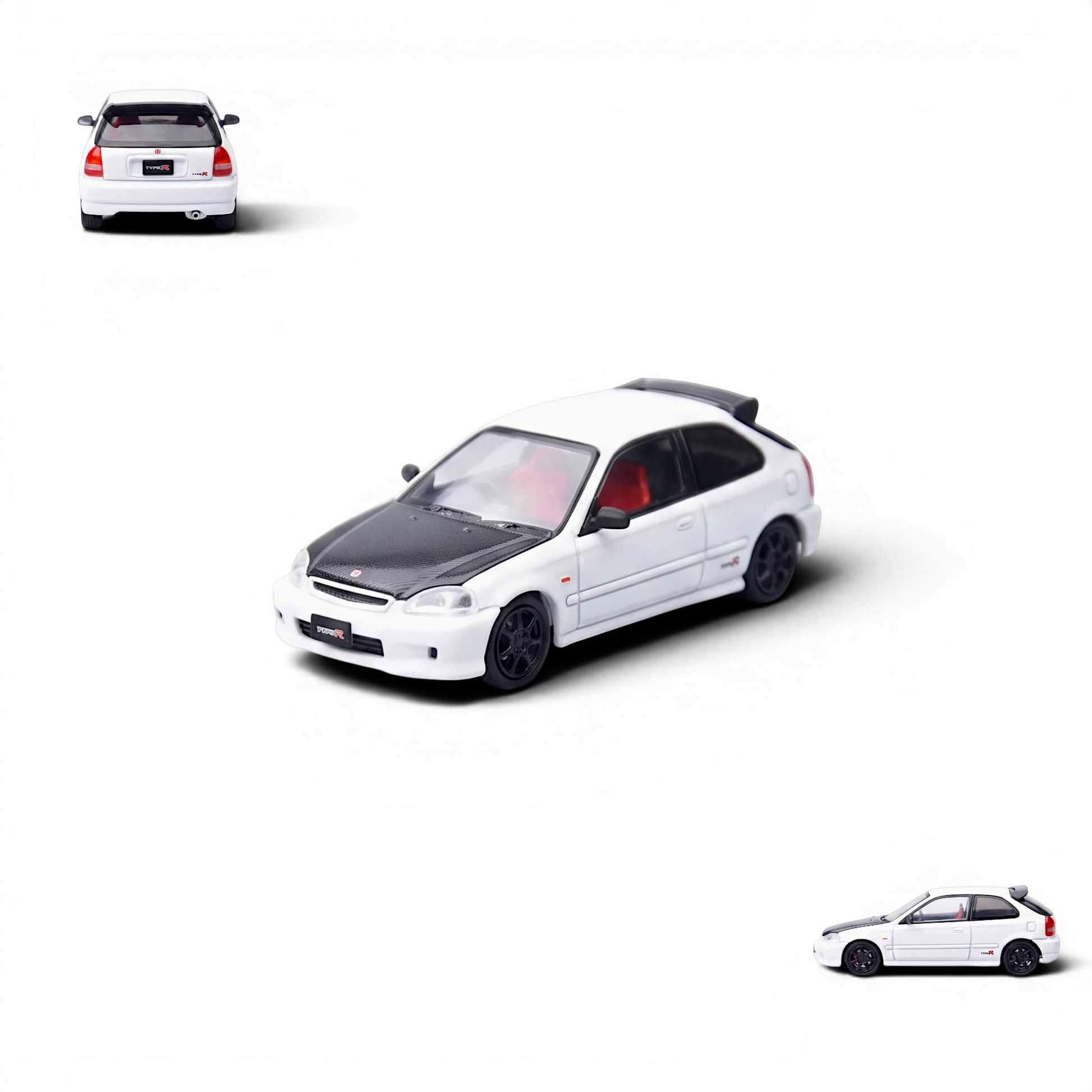 Lot57Supplies Diecast Shop 1:64 scale Model One Honda Civic Type-R EK9 in white with a carbon fiber hood