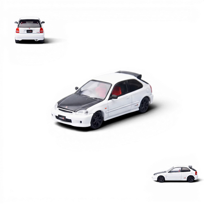 Lot57Supplies Diecast Shop 1:64 scale Model One Honda Civic Type-R EK9 in white with a carbon fiber hood