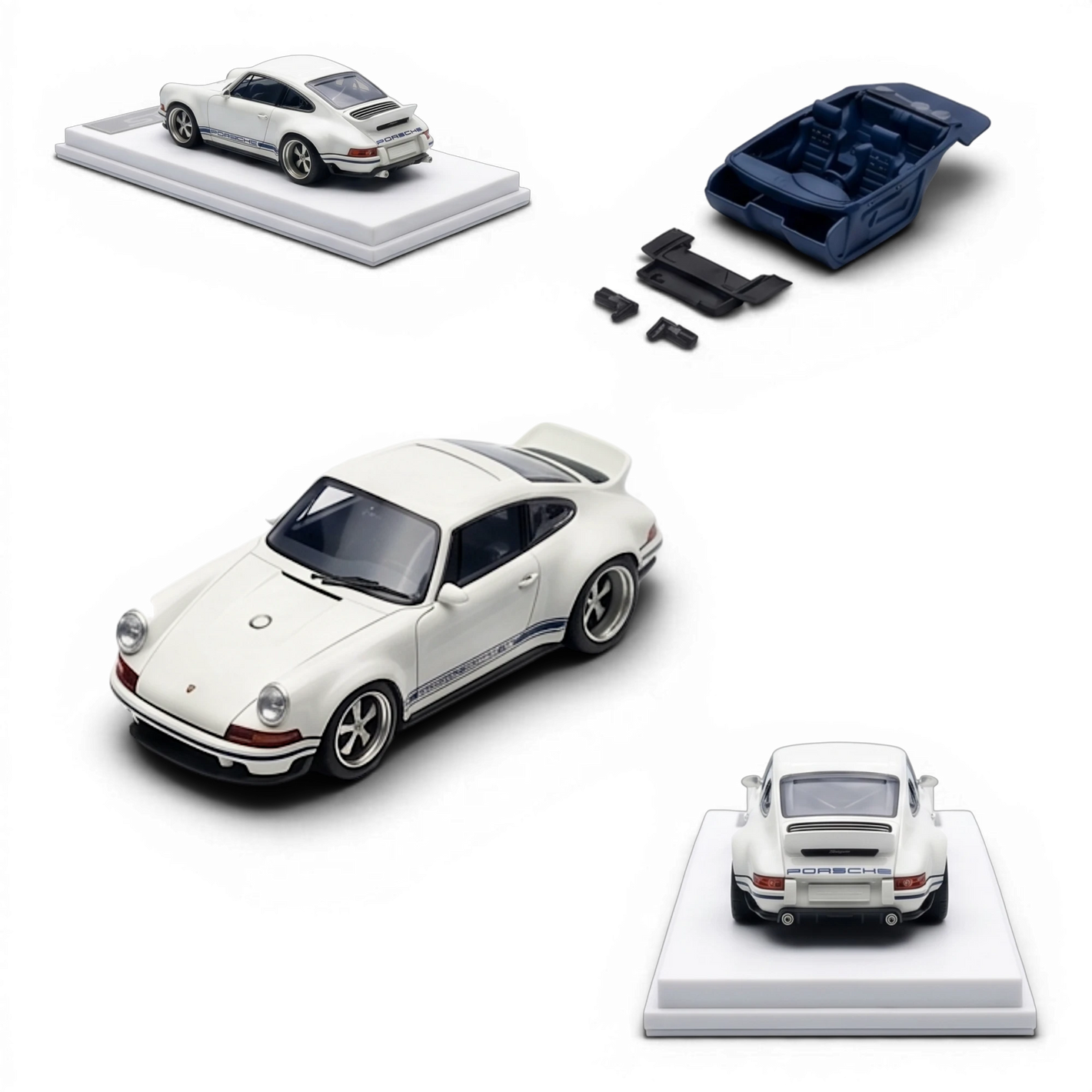 Lot57Supplies Diecast Shop white and dark blue 1:64 scale resin model of a Porsche Singer DLS with racing stripes, limited edition.