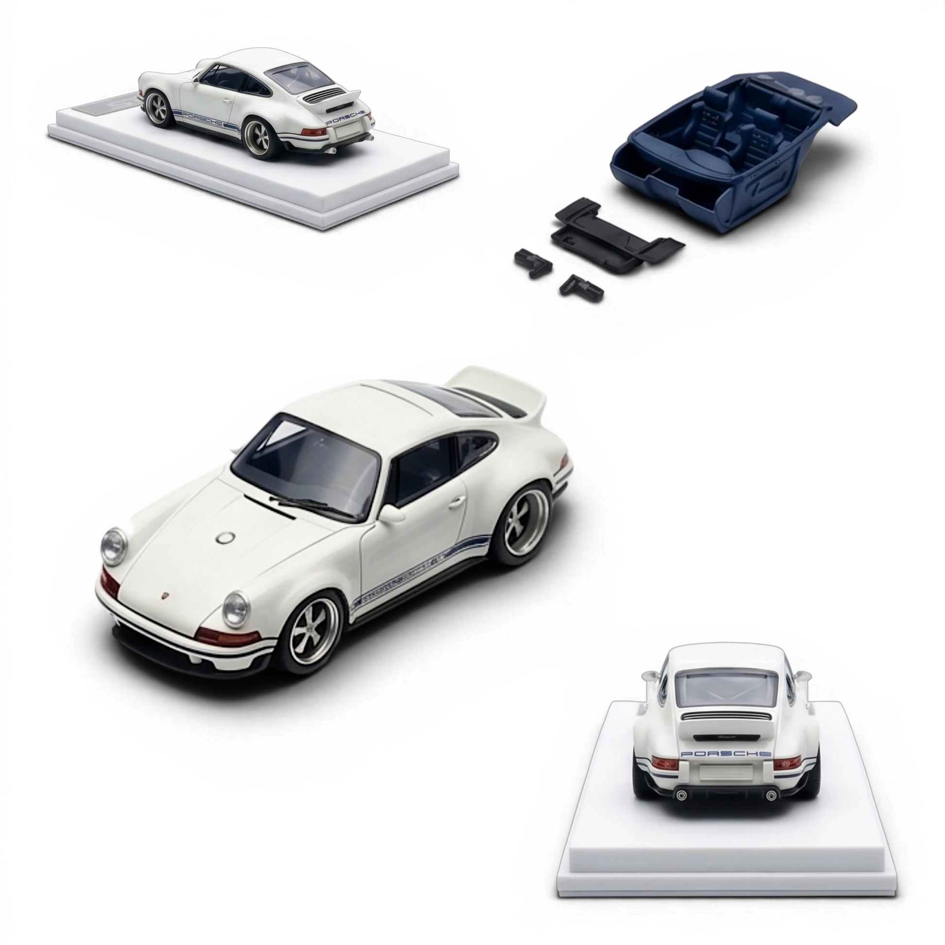 Lot57Supplies Diecast Shop white and dark blue 1:64 scale resin model of a Porsche Singer DLS with racing stripes, limited edition.