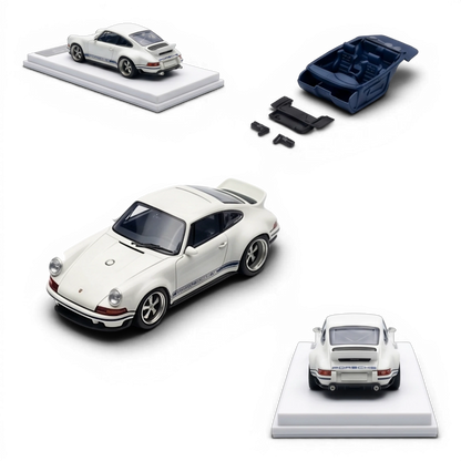 Lot57Supplies Diecast Shop white and dark blue 1:64 scale resin model of a Porsche Singer DLS with racing stripes, limited edition.