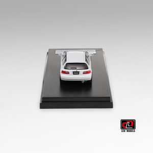 Lot57Supplies Diecast Shop 1:64 scale white Honda Civic SiR II EG6 diecast model car, rear view on display stand.