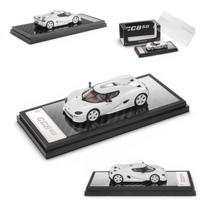 Lot57Supplies Diecast Shop 1:64 scale white LCD Koenigsegg CC850 diecast model car on a display base.
