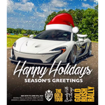 Lot57Supplies Diecast Shop white McLaren P1 resin model car wearing a Santa hat in a festive holiday graphic